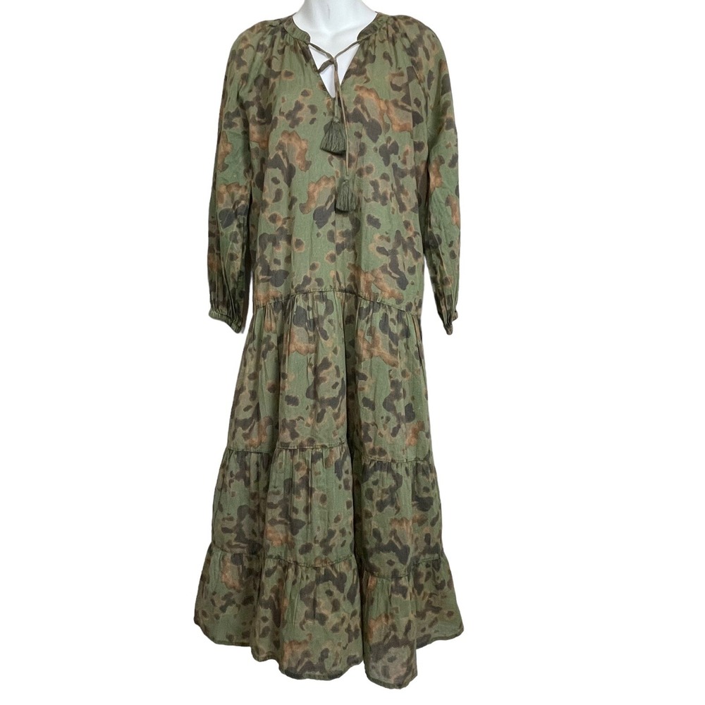 Kyla Seo Caite Maxi Dress Size S Green Brown Boho Tiered V-Neck Forest Fairy